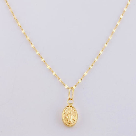 Set Mirror Flower Chain + Miraculous Virgin Pendant / 1.1gr / 17 3/4 in 18K Yellow Gold