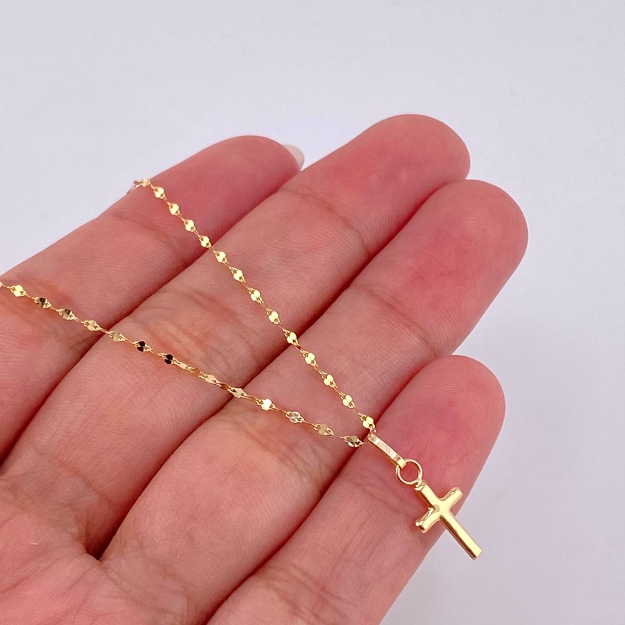 Set Mirror Flower Chain + Plain Cross Pendant / 1gr / 17 3/4 in 18K Yellow Gold