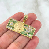 Pendant Dollar 9.05gr / 2.8cm / Green Zircons Two Yellow White 18K Gold ©