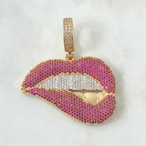 Pendant Lips 36.9gr / 5.6cm / Fuchsia - White Zircons 18K Yellow Gold