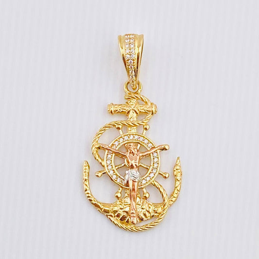 Dije Ancla Timón Cristo 6gr / 1 3/4 in / Tres Oros 18K *