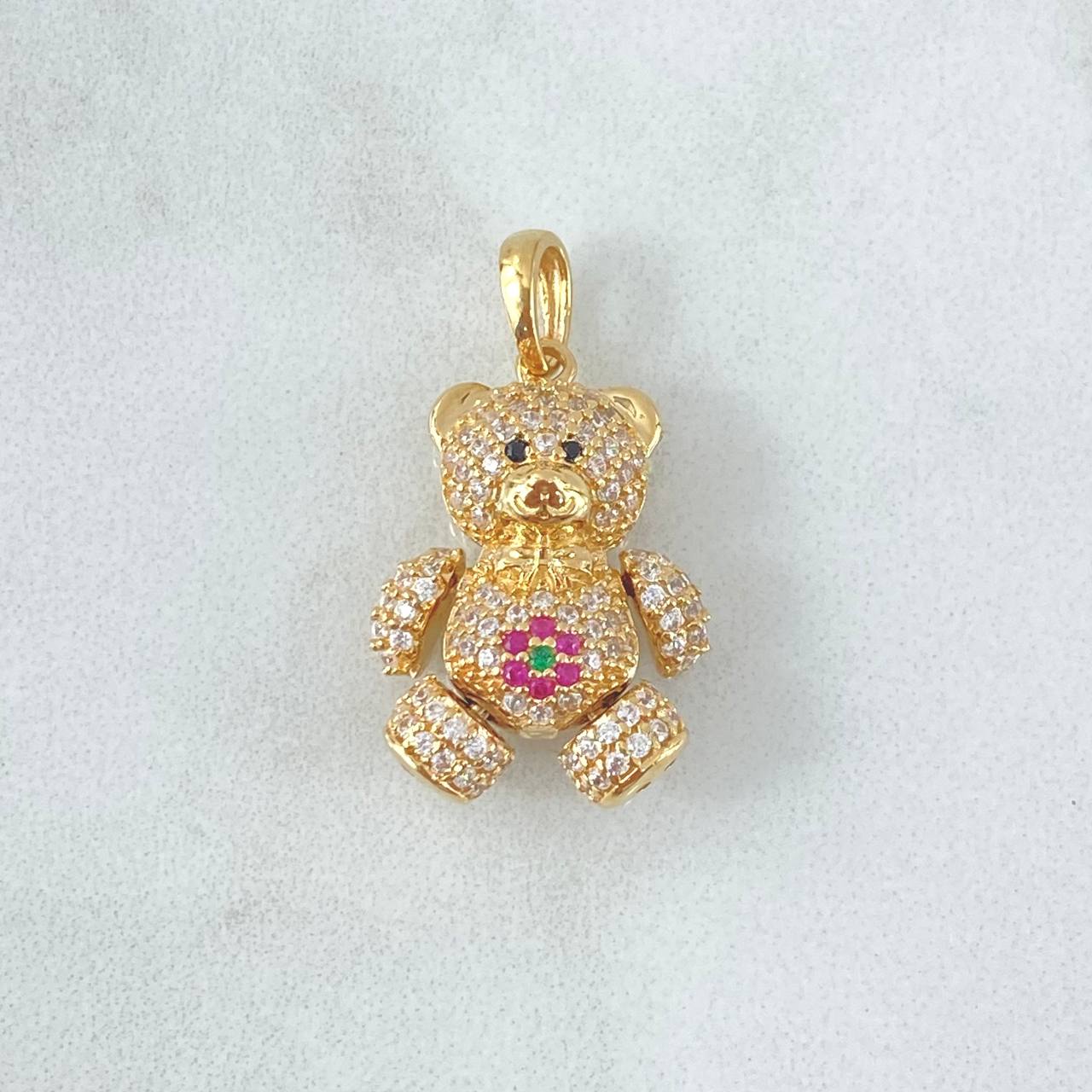Pendant Bear Flower 4.3gr / 2.5cm / White Zircons - Fuchsias - Green - Black Eyes 18K Yellow Gold