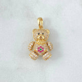 Pendant Bear Flower 4.3gr / 2.5cm / White Zircons - Fuchsias - Green - Black Eyes 18K Yellow Gold