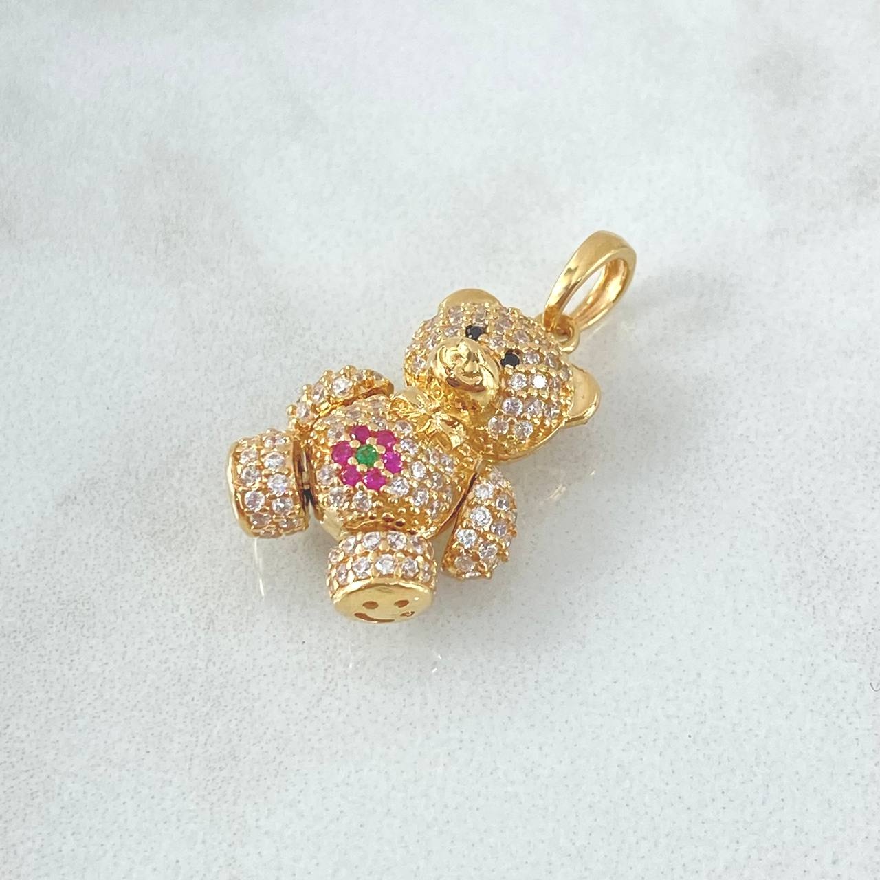 Pendant Bear Flower 4.3gr / 2.5cm / White Zircons - Fuchsias - Green - Black Eyes 18K Yellow Gold