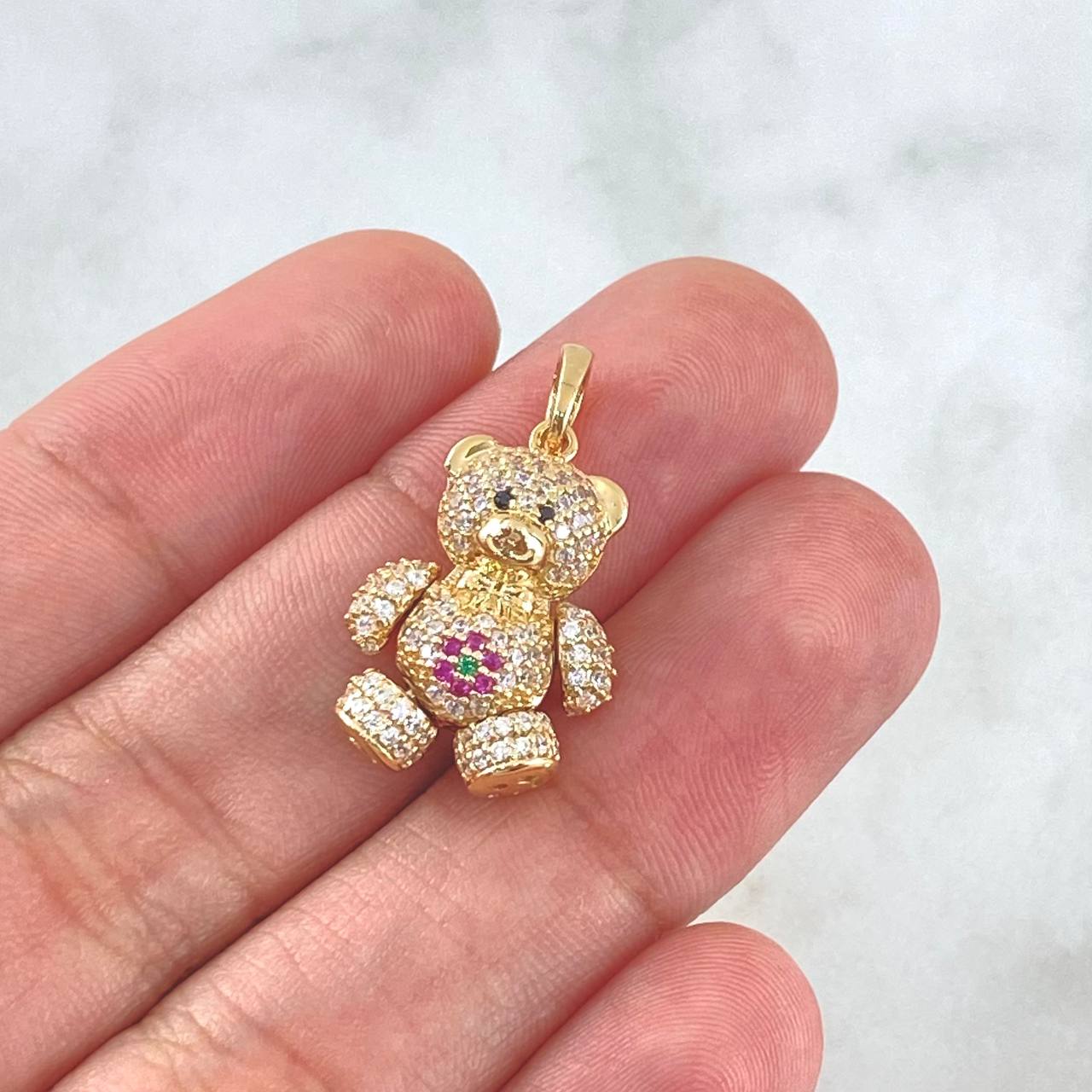 Pendant Bear Flower 4.3gr / 2.5cm / White Zircons - Fuchsias - Green - Black Eyes 18K Yellow Gold