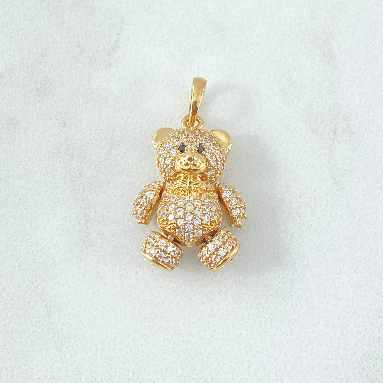 Pendant Heart Bear 4.4gr / 2.5cm / White Zircons - Fuchsias - Black Eyes 18K Yellow Gold