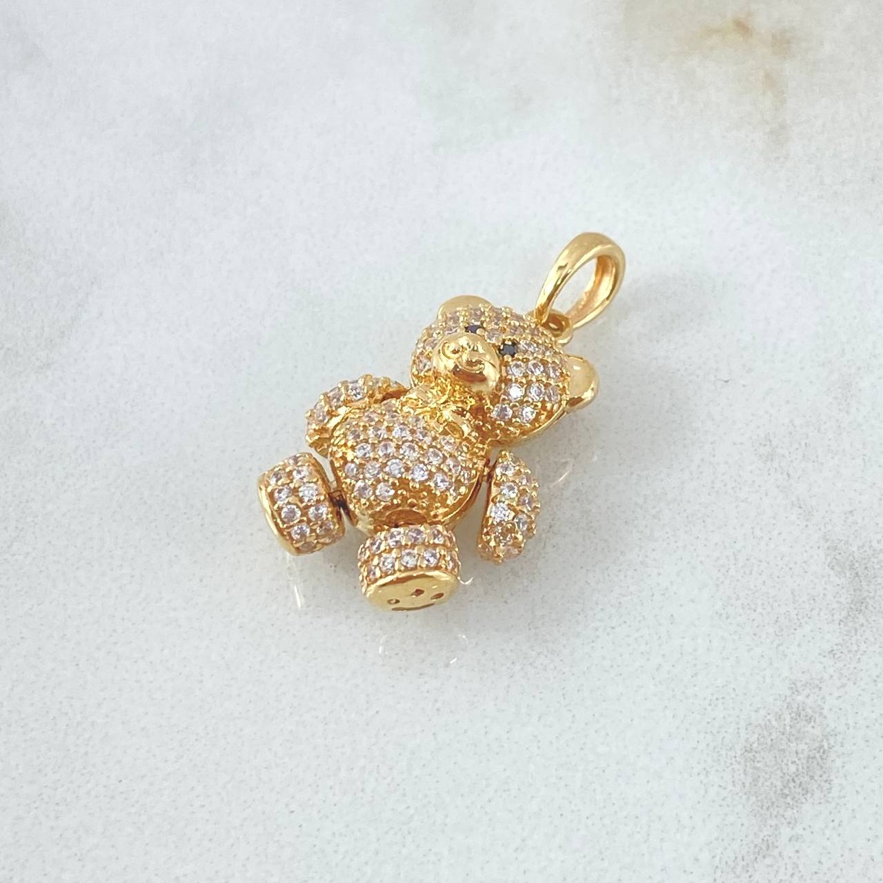 Pendant Heart Bear 4.4gr / 2.5cm / White Zircons - Fuchsias - Black Eyes 18K Yellow Gold