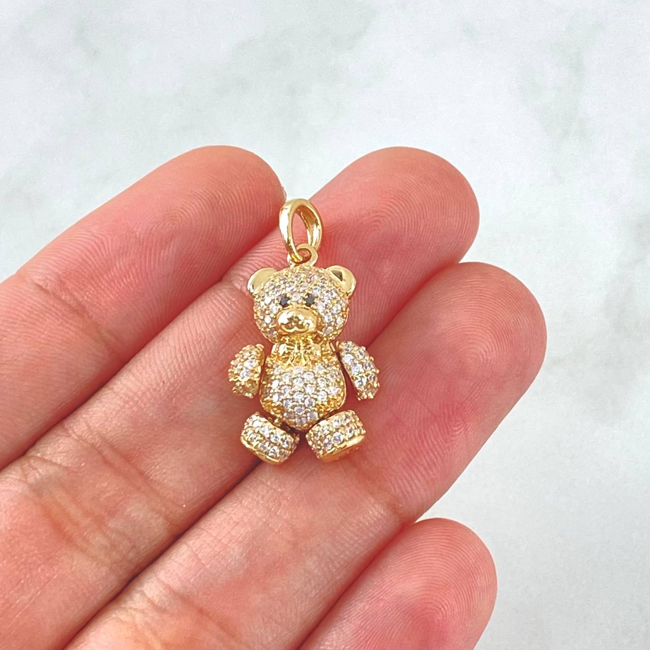 Pendant Heart Bear 4.4gr / 2.5cm / White Zircons - Fuchsias - Black Eyes 18K Yellow Gold