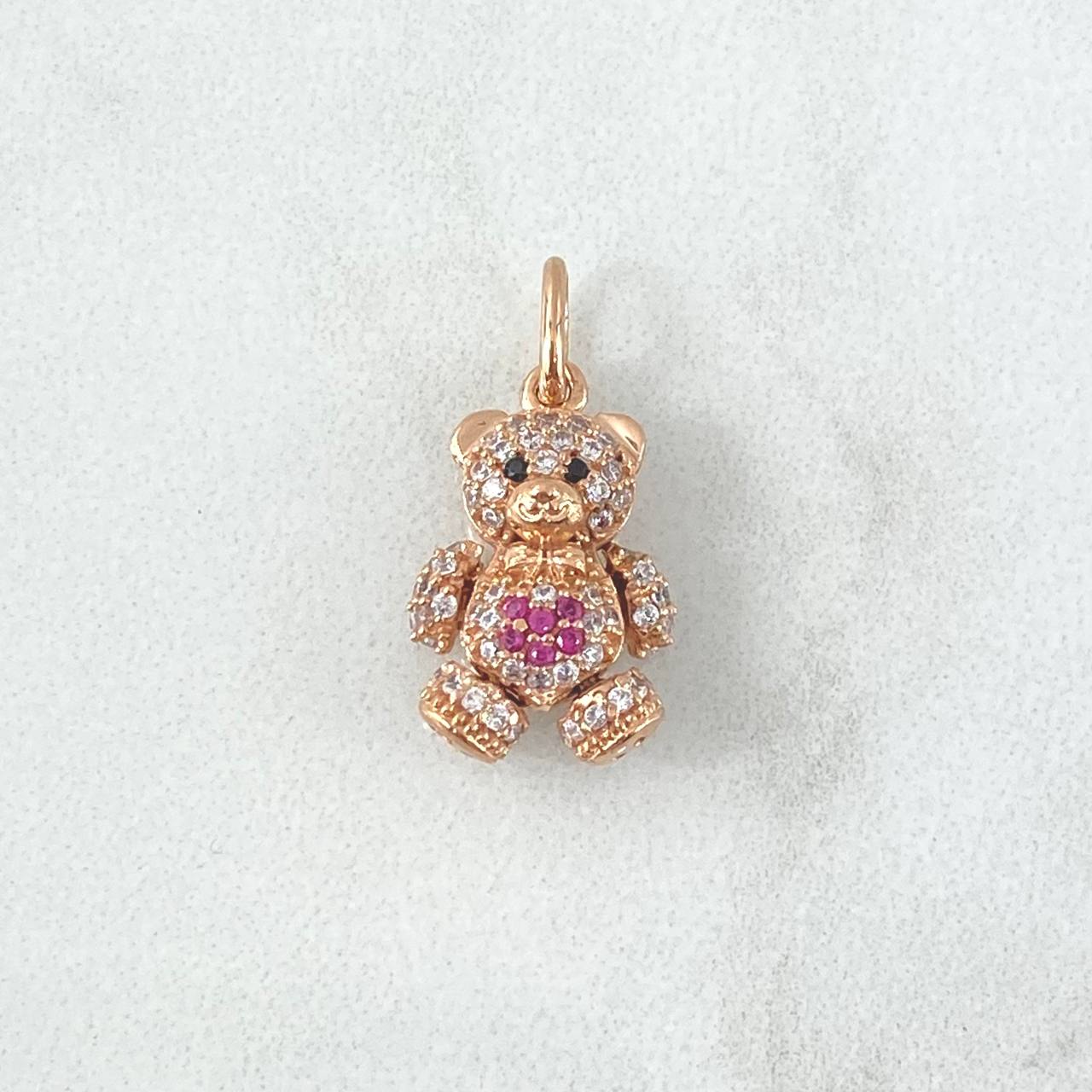 Pendant Articulated Bear Heart 2.35gr / 2cm / White, Fuchsia, and Black Zircons 18K Rose Gold ©