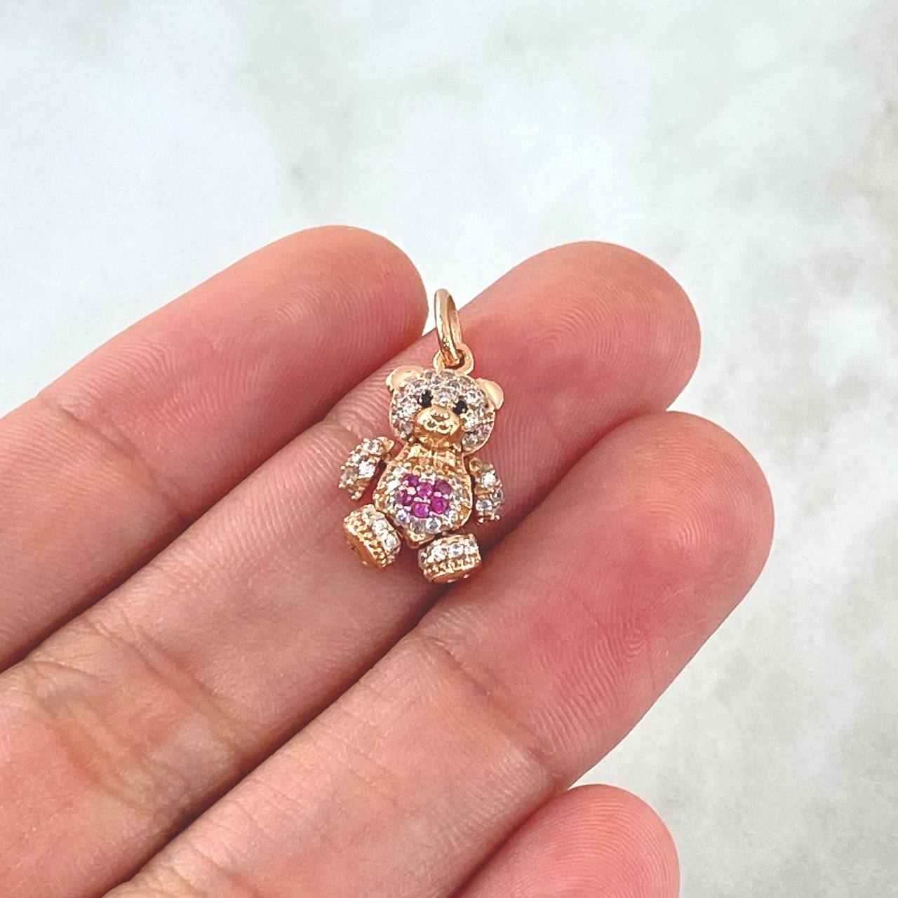 Pendant Articulated Bear Heart 2.35gr / 2cm / White, Fuchsia, and Black Zircons 18K Rose Gold ©