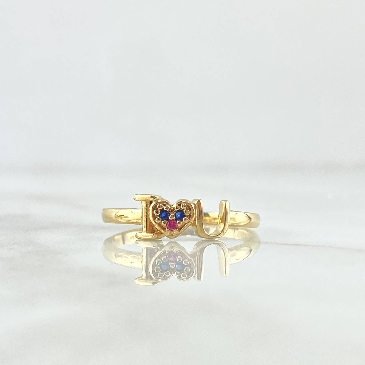 Ring I love You 1.75gr / Size 7 1/4 / Blue and Fuchsia Zircons 18K Yellow Gold *