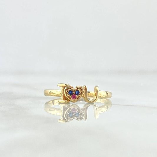 Ring I love You 1.75gr / Size 7 1/4 / Blue and Fuchsia Zircons 18K Yellow Gold *