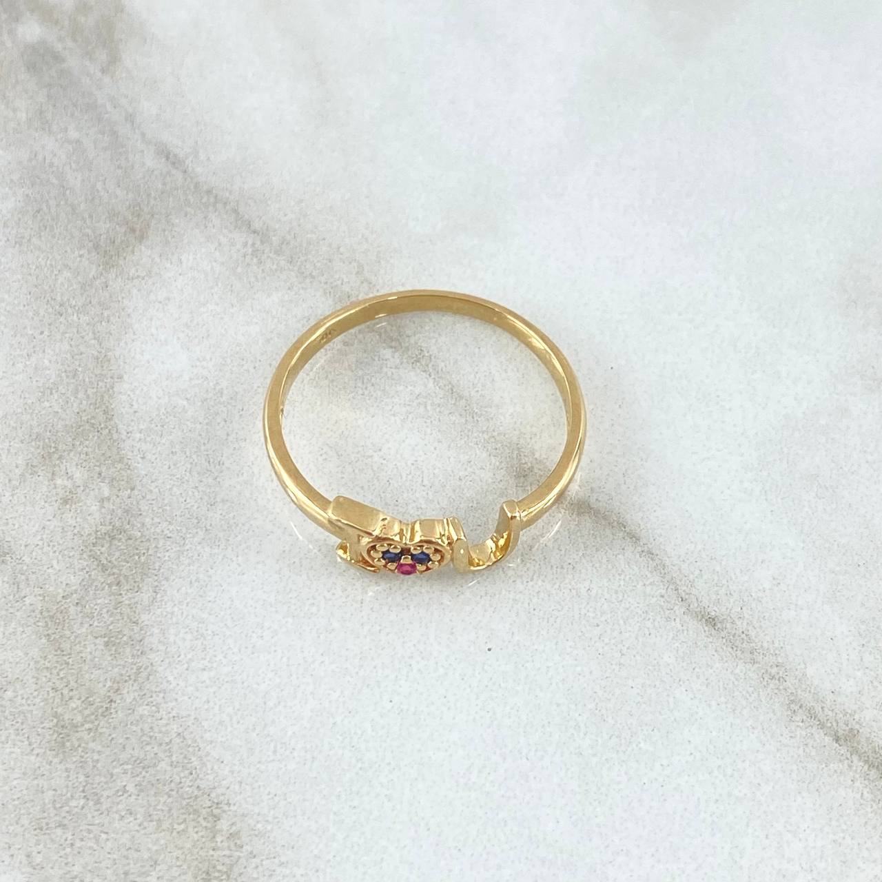 Ring I love You 1.75gr / Size 7 1/4 / Blue and Fuchsia Zircons 18K Yellow Gold *
