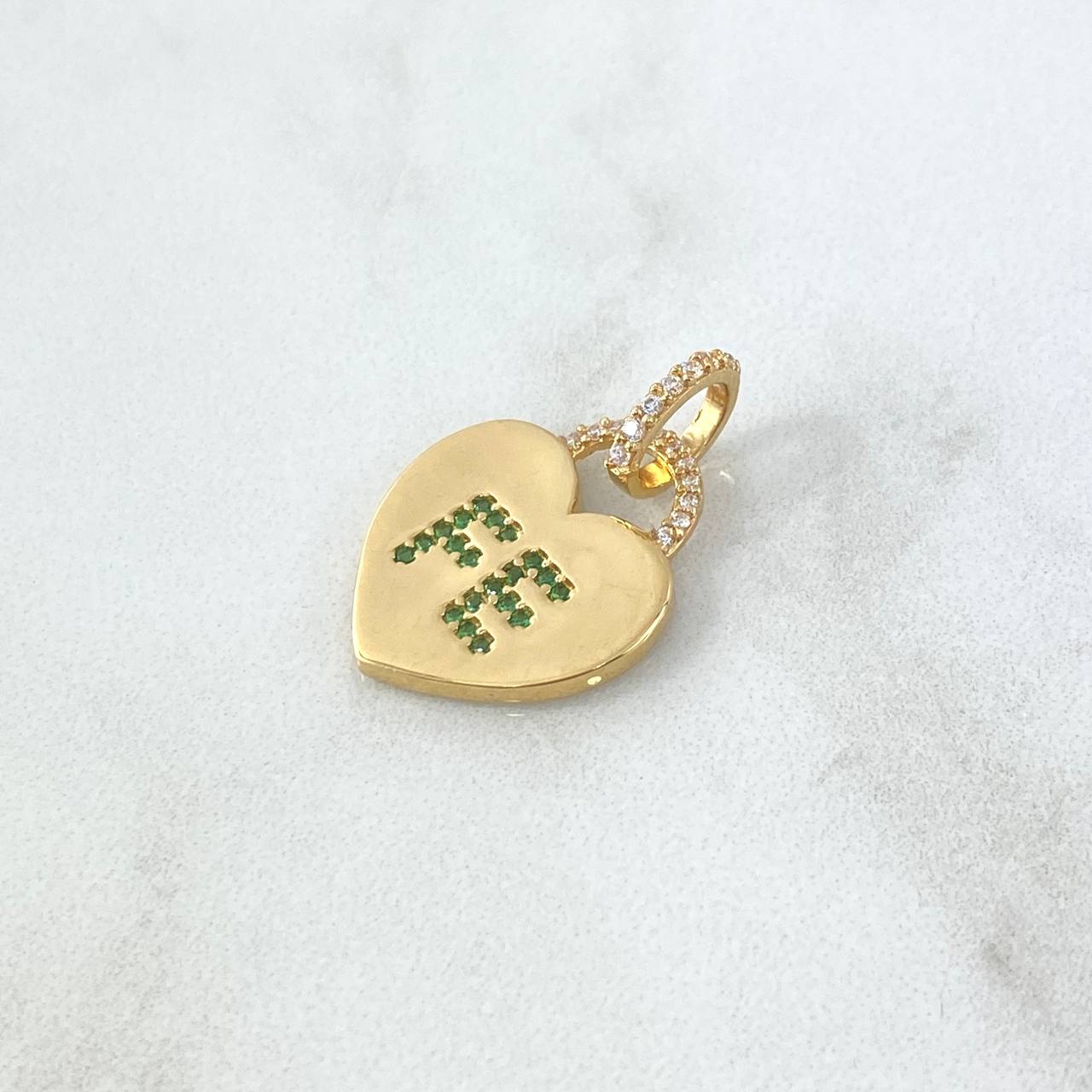 Pendant Heart Lock Faith 2.2gr / 3cm / White-Green Zircons 18K Yellow Gold