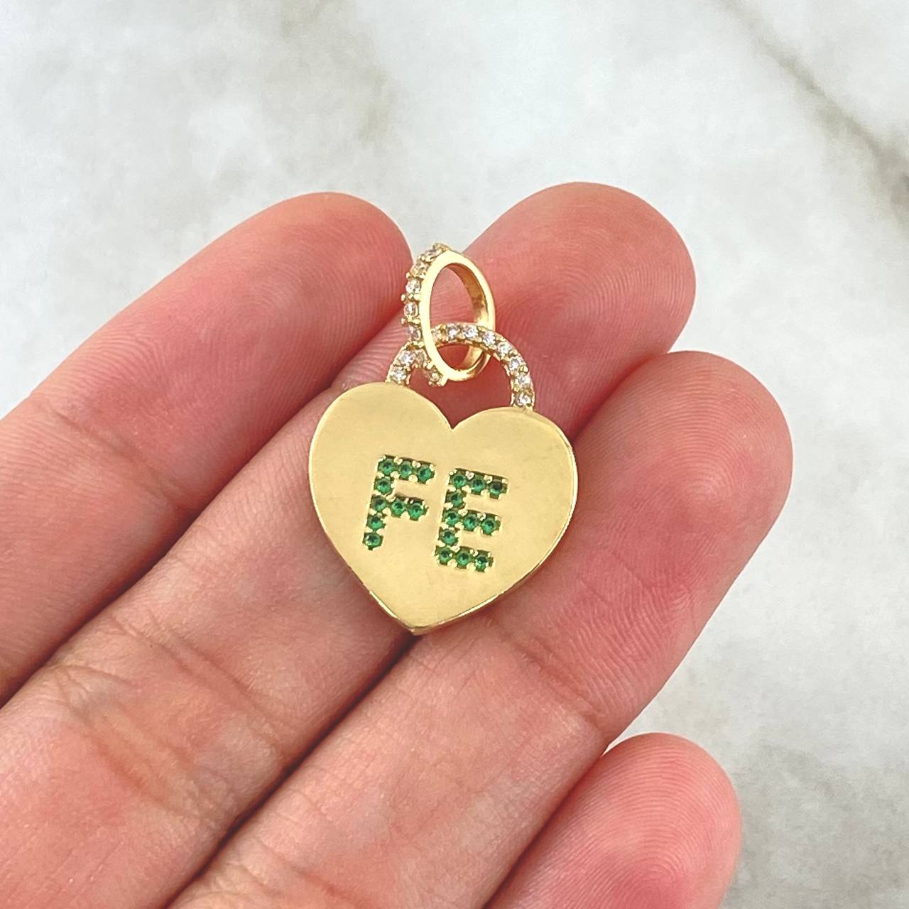 Pendant Heart Lock Faith 2.2gr / 3cm / White-Green Zircons 18K Yellow Gold