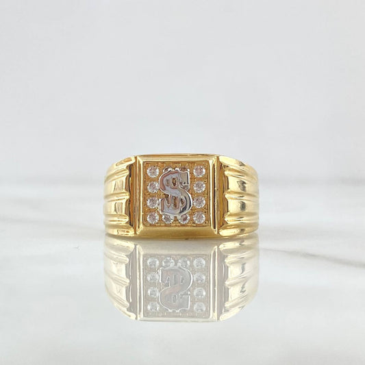 Anillo Sello Signo Dólar 10gr / T11 1/2 / Cuadro Basteado Circones Blancos Dos Oros Amarillo Blanco 18K