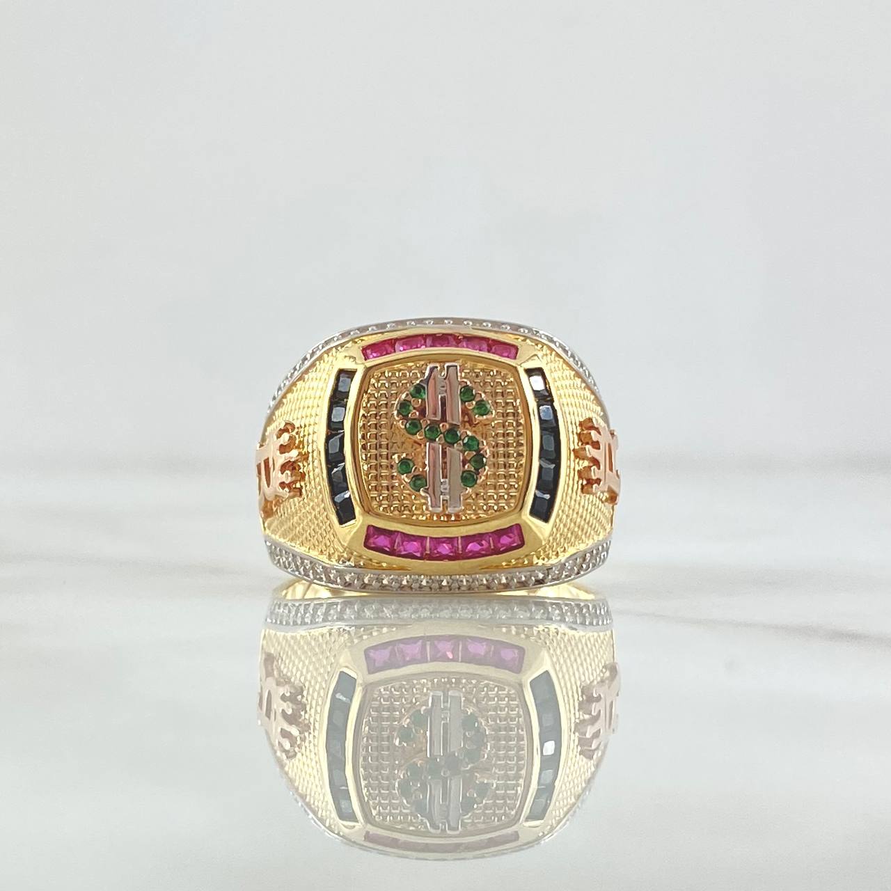 Signet Ring Dollar Sign 10.8gr / Size 9 3/4 / Bulky Multicolor Zircons Three 18K Golds ©