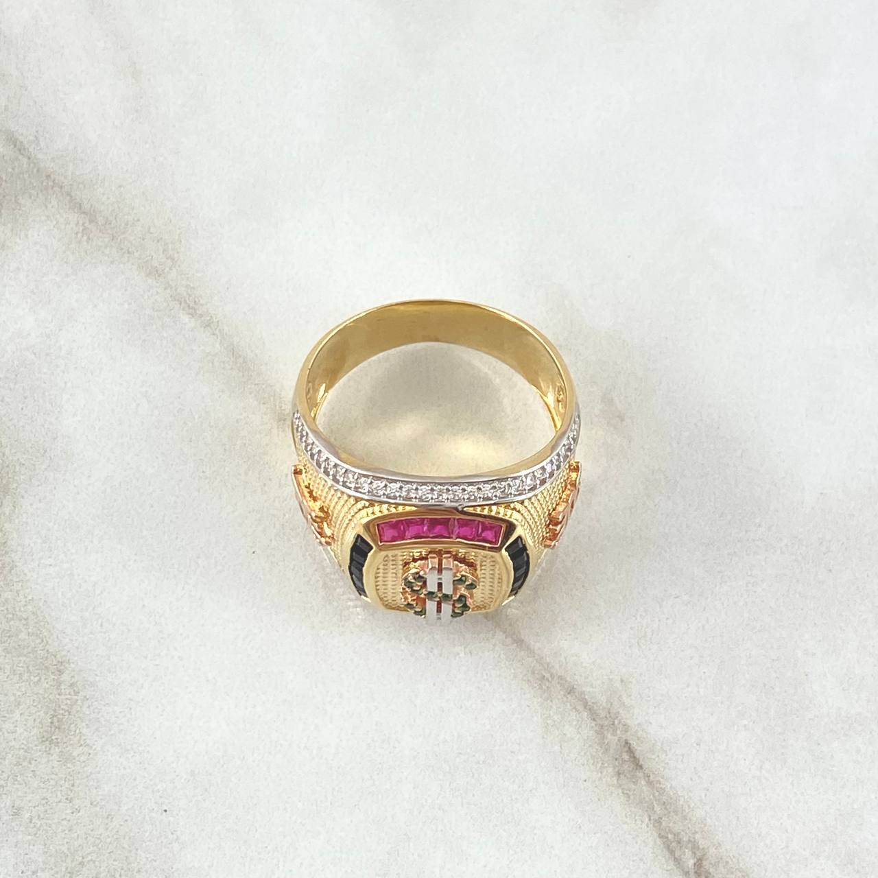 Signet Ring Dollar Sign 10.8gr / Size 9 3/4 / Bulky Multicolor Zircons Three 18K Golds ©