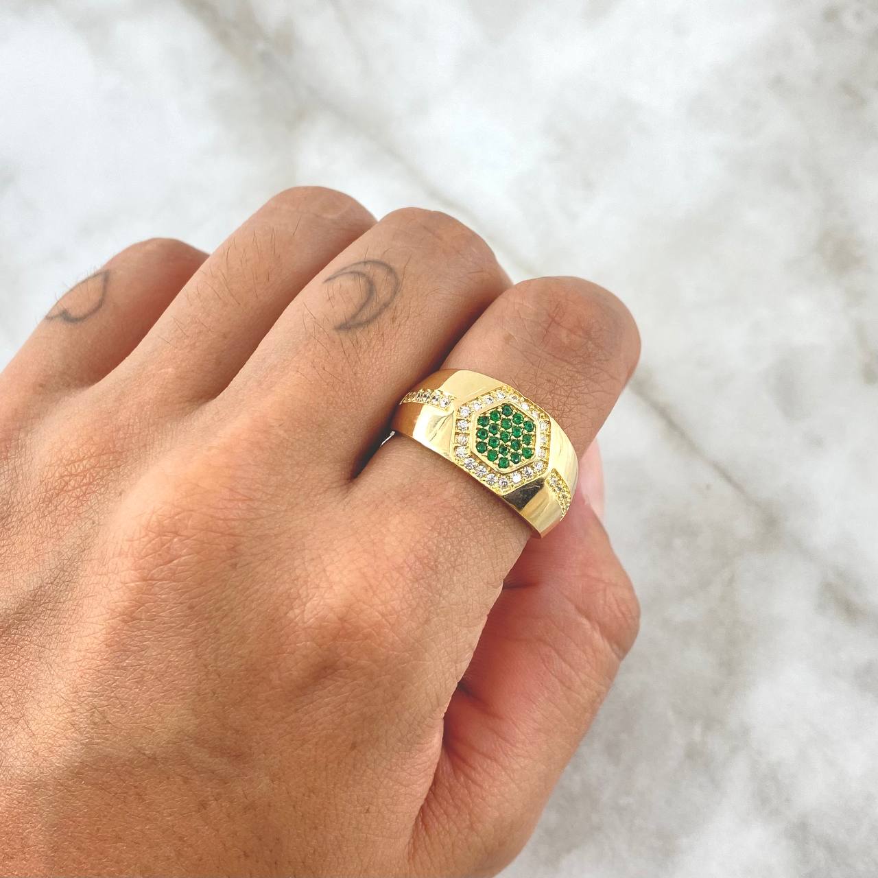 Hexagonal Honeycomb Ring 5.9gr / T9 1/4 / White and Green Zircons 18K Yellow Gold