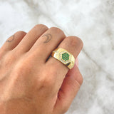 Hexagonal Honeycomb Ring 5.9gr / T9 1/4 / White and Green Zircons 18K Yellow Gold
