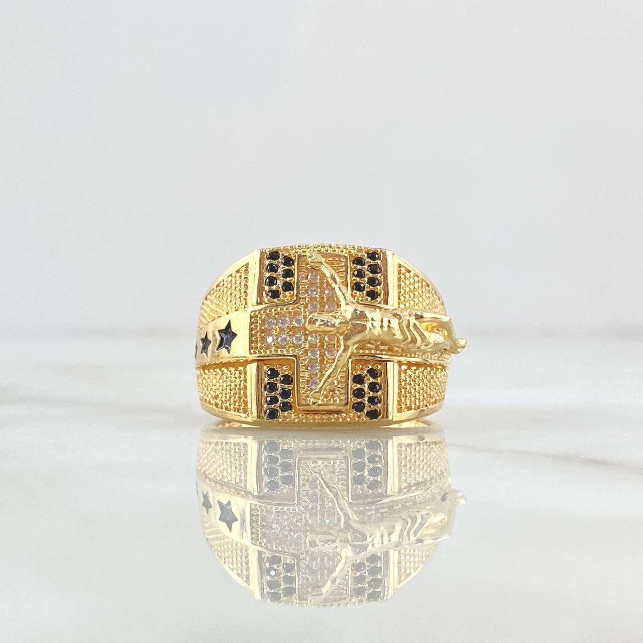 Cross Christ Stars Ring 11.85gr / Size 10 / White Zircons - Black Resin 18K Yellow Gold