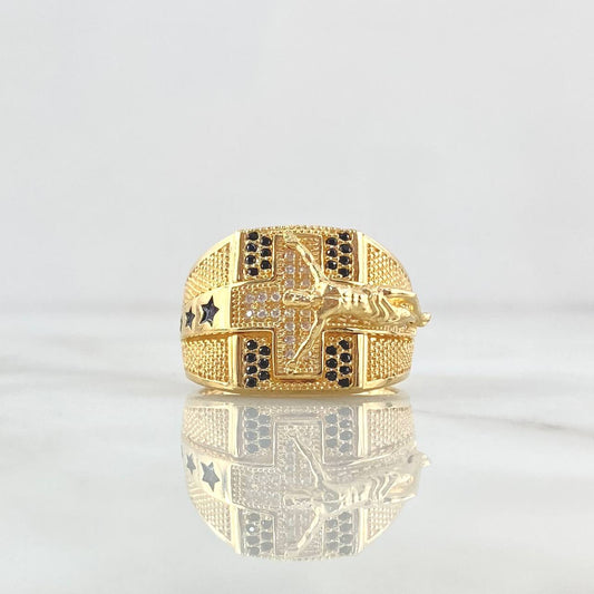 Cross Christ Stars Ring 11.85gr / Size 10 / White Zircons - Black Resin 18K Yellow Gold