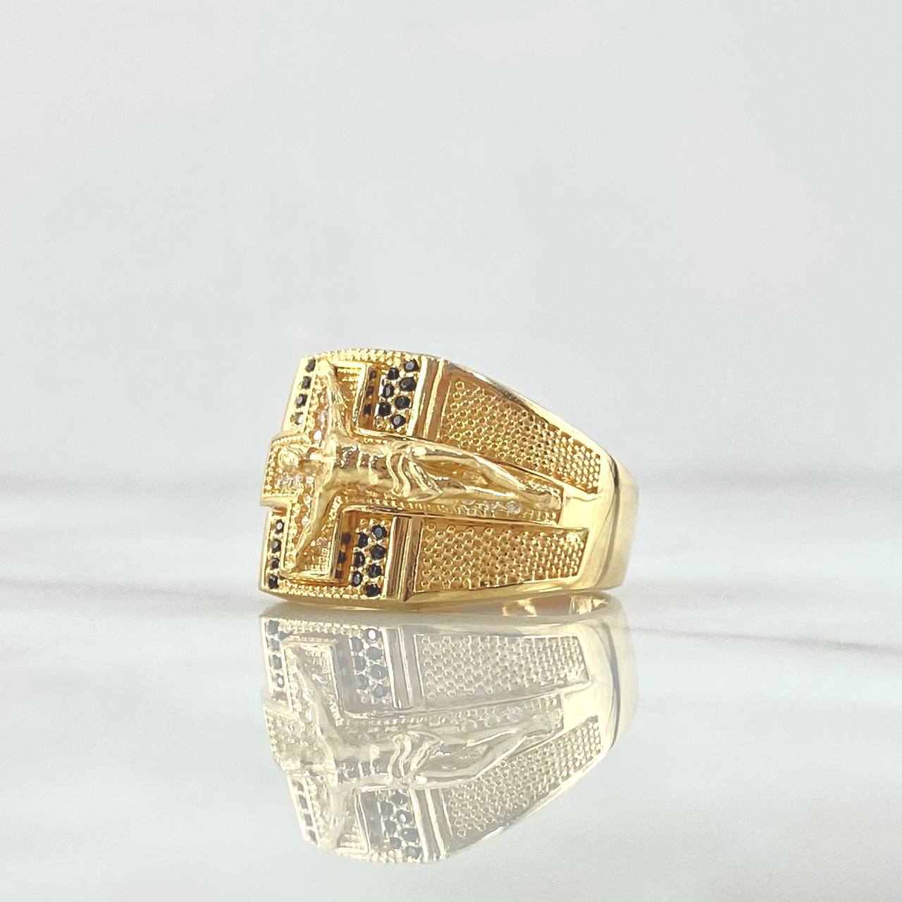 Cross Christ Stars Ring 11.85gr / Size 10 / White Zircons - Black Resin 18K Yellow Gold