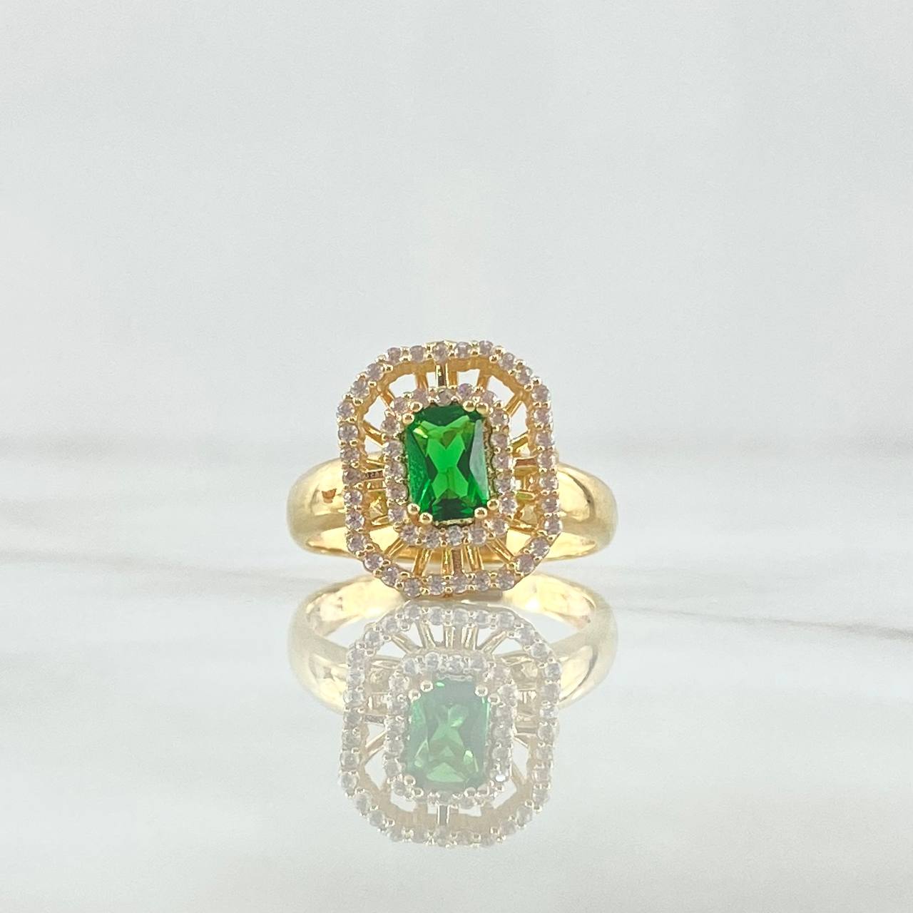 Ring Solitaire Halo In Double Frame 3.8gr / T5 3/4 / White Zircons And 18K Yellow Gold Green