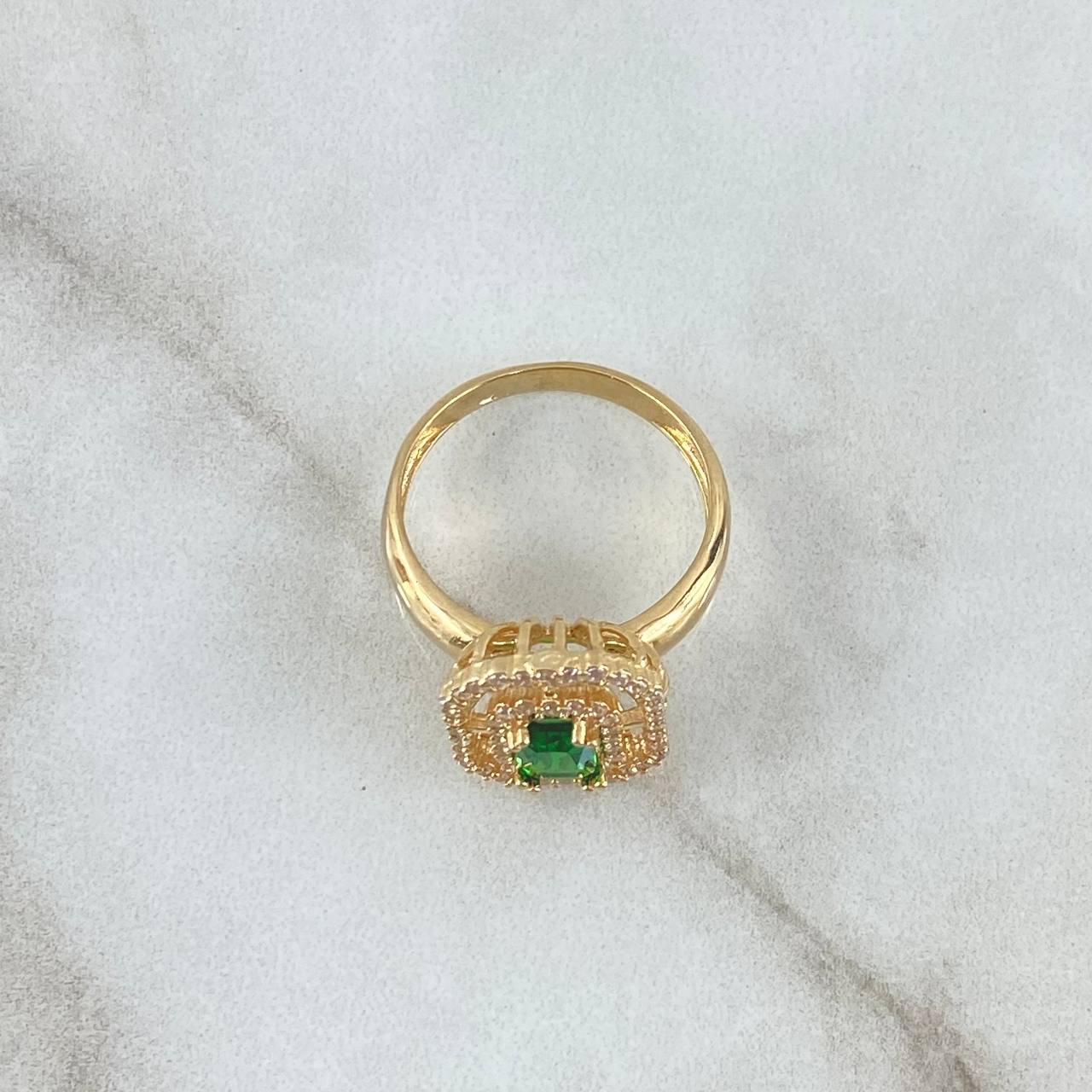 Ring Solitaire Halo In Double Frame 3.8gr / T5 3/4 / White Zircons And 18K Yellow Gold Green