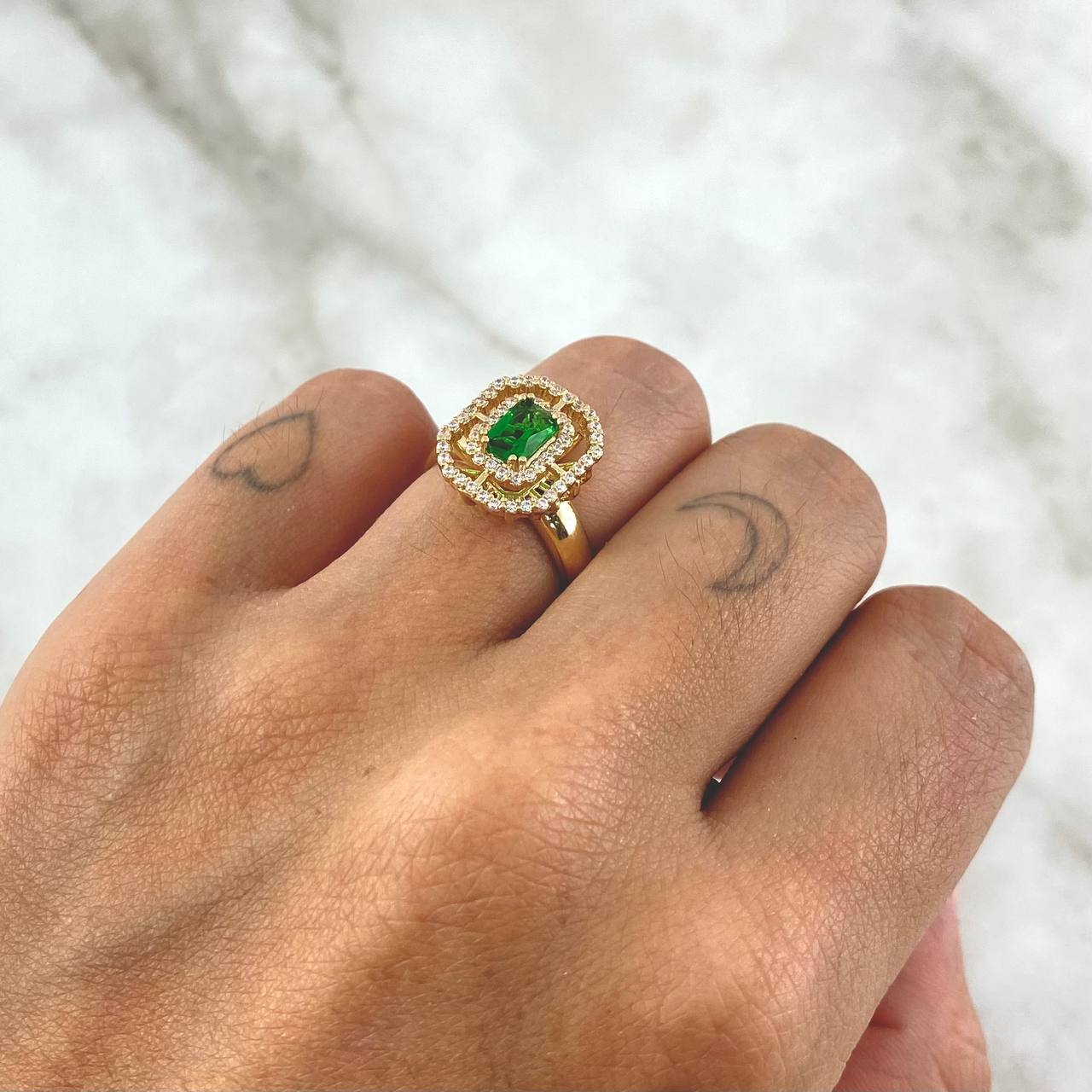 Ring Solitaire Halo In Double Frame 3.8gr / T5 3/4 / White Zircons And 18K Yellow Gold Green