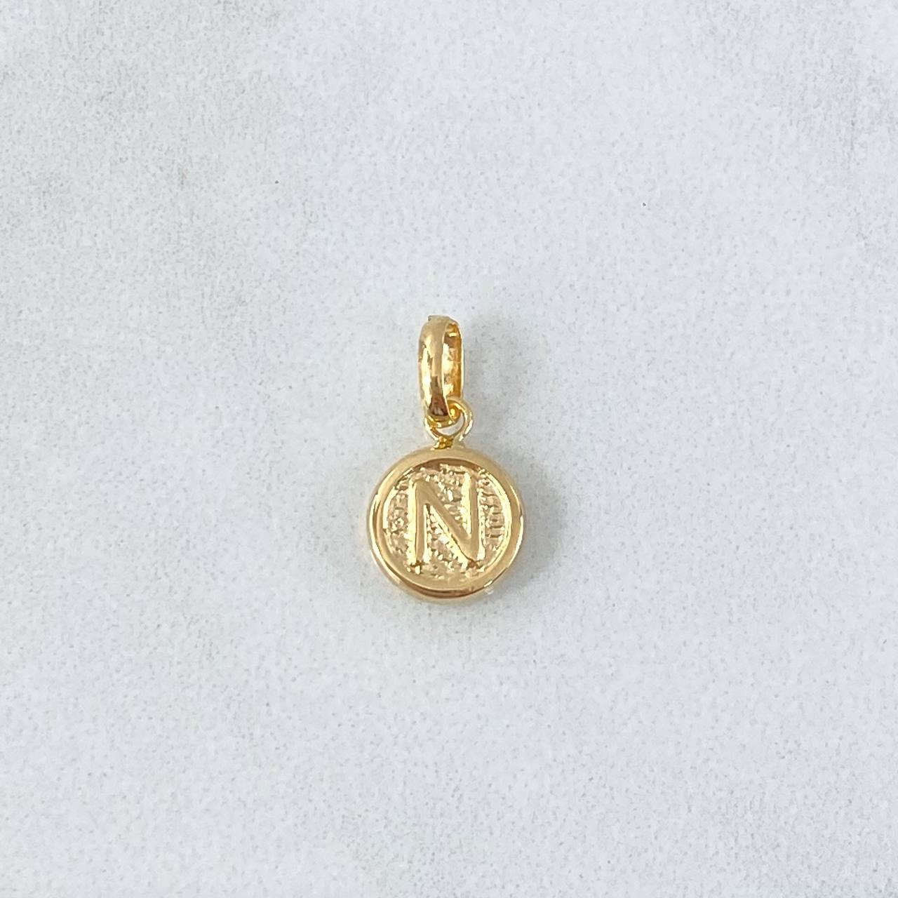 Dije Letra N 0.35gr / 1.5cm / Circulo Texturizado Rustico Oro Amarillo 18K