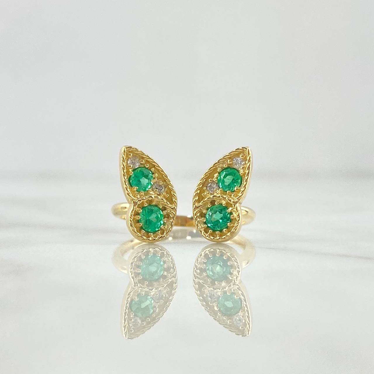 Split Butterfly Ring 3.45gr / Size 7 / Emeralds 48pts - White Diamonds 08pts 18K Yellow Gold (Jewel) *