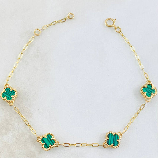 Pulso Aro seguido Trebol Malaquita Verde 5.25gr / 8 1/4 in / 10mm Oro Amarillo Nac.Esp. 18K