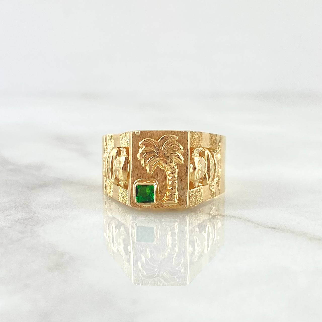 Anillo Sello Palmera Quimbaya 4.55gr / T9 3/4 / Circon Verde  Oro Amarillo 18K ©
