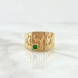 Quimbaya Palm Seal Ring 4.4gr / Size 9 / Green Zircon 18K Yellow Gold *