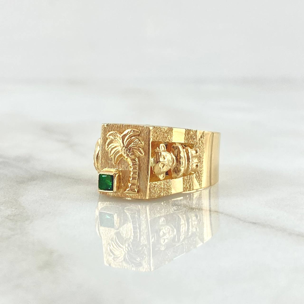 Anillo Sello Palmera Quimbaya 4.55gr / T9 3/4 / Circon Verde  Oro Amarillo 18K ©