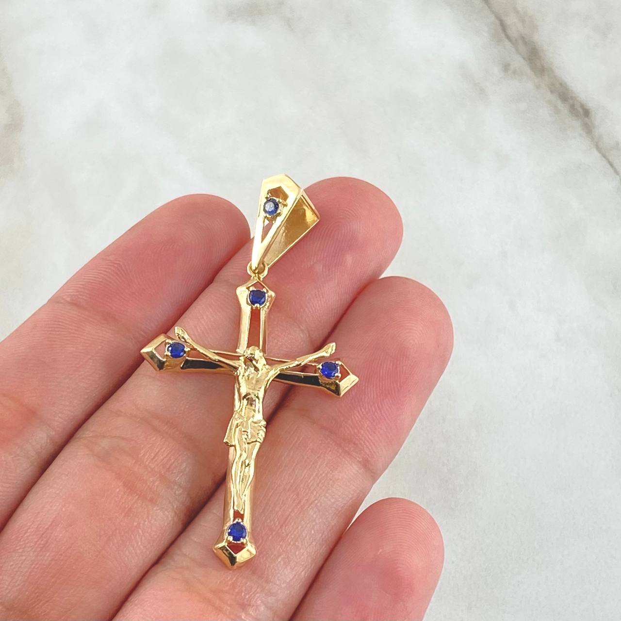 Pendant Cross Christ 3.95gr / 5cm / Dotted Blue Zirconia Yellow Gold 18K