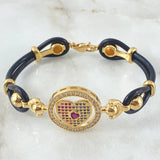 Bracelet Heart Ring Abstract Buoys 19.8gr / 19cm / Rubber Strap Triple Zircons Yellow Gold 18K ©