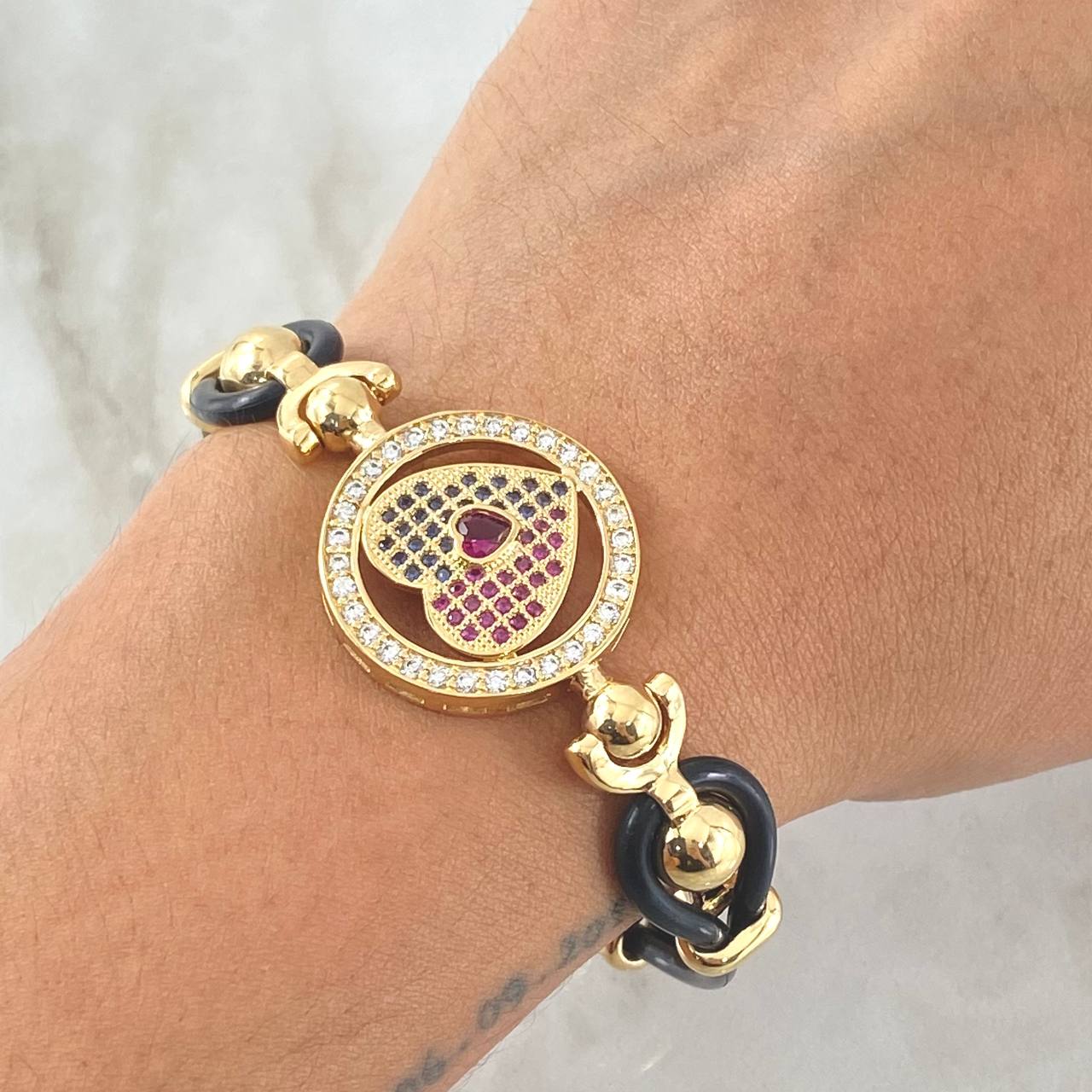 Bracelet Heart Ring Abstract Buoys 19.8gr / 19cm / Rubber Strap Triple Zircons Yellow Gold 18K ©