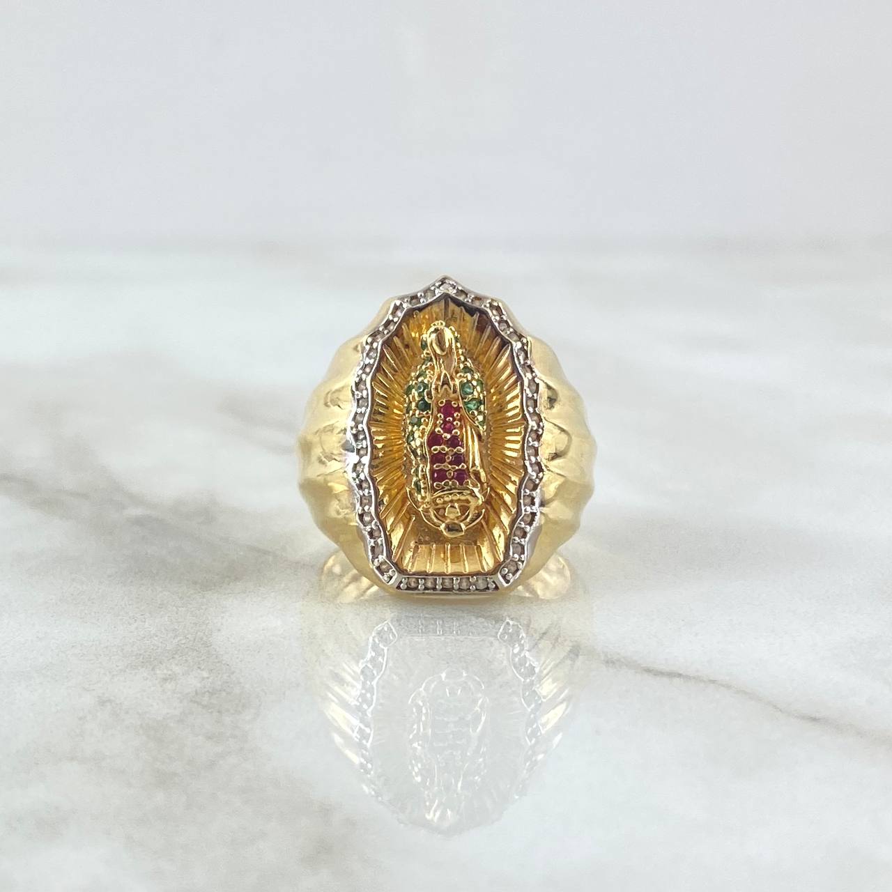 Virgin Guadalupe Ring Silhouette 11.1gr / Size 8 1/2 / White, Green, and Fuchsia Zircons Two 18K Yellow and White Golds