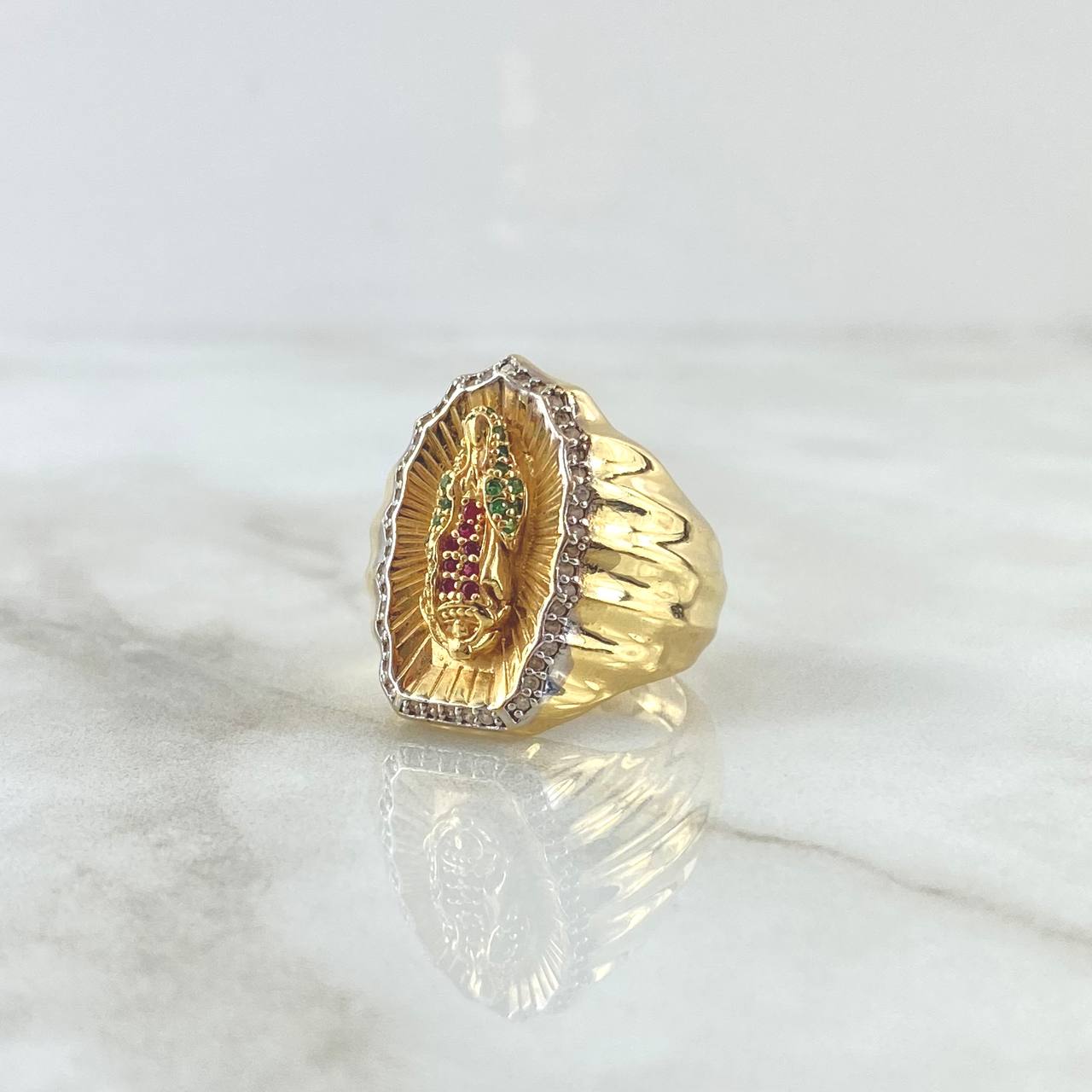 Virgin Guadalupe Ring Silhouette 11.1gr / Size 8 1/2 / White, Green, and Fuchsia Zircons Two 18K Yellow and White Golds