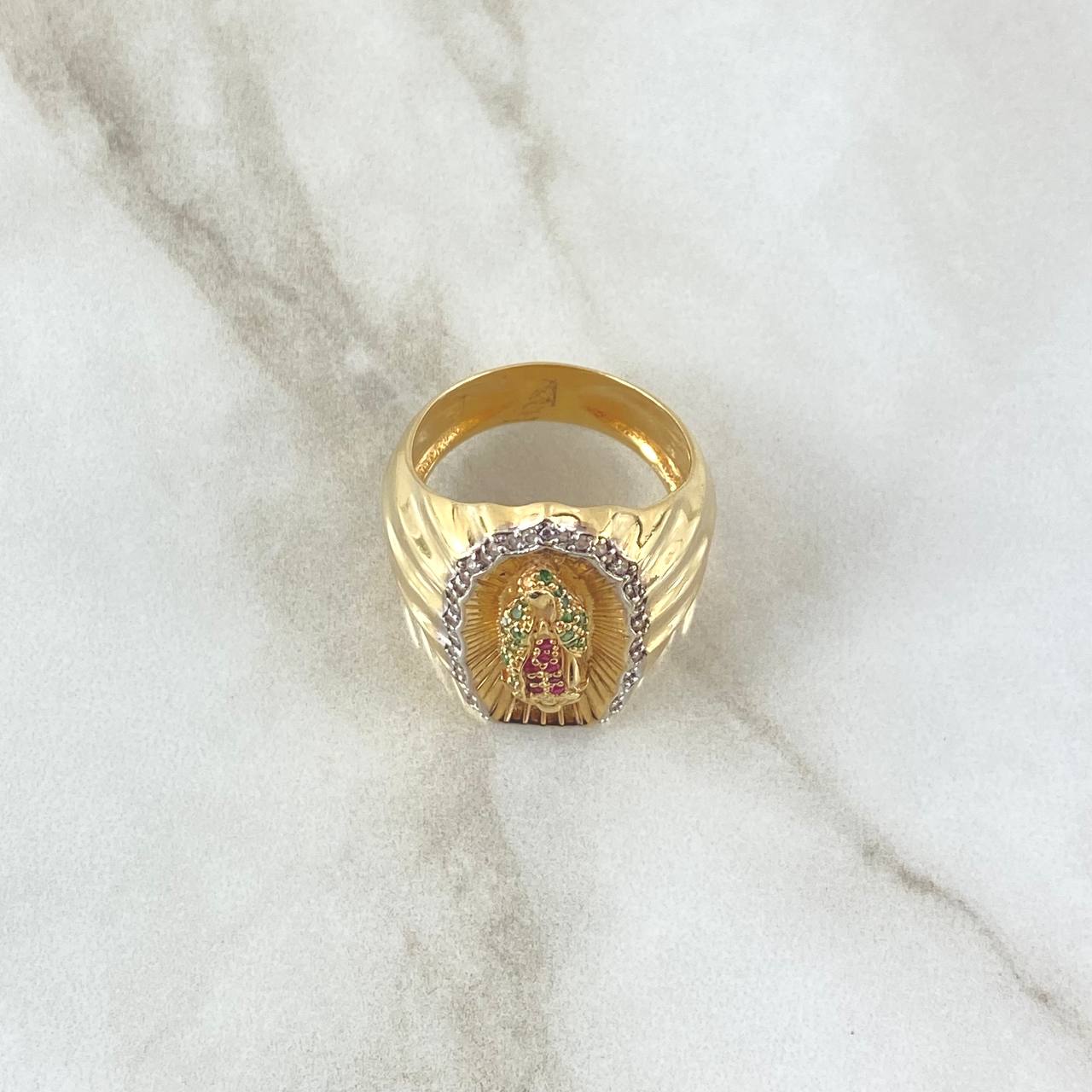 Virgin Guadalupe Ring Silhouette 11.1gr / Size 8 1/2 / White, Green, and Fuchsia Zircons Two 18K Yellow and White Golds