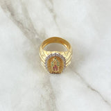 Virgin Guadalupe Ring Silhouette 11.1gr / Size 8 1/2 / White, Green, and Fuchsia Zircons Two 18K Yellow and White Golds