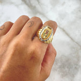 Virgin Guadalupe Ring Silhouette 11.1gr / Size 8 1/2 / White, Green, and Fuchsia Zircons Two 18K Yellow and White Golds
