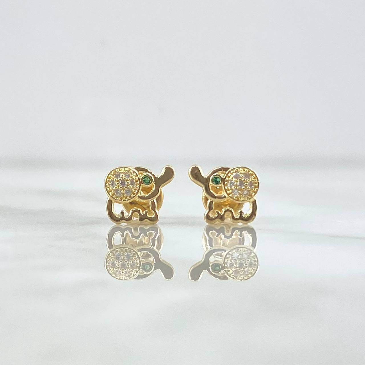 Stud Earrings Elephant 1.1gr / 7mm White Zircons - Green Eyes 18K Yellow Gold