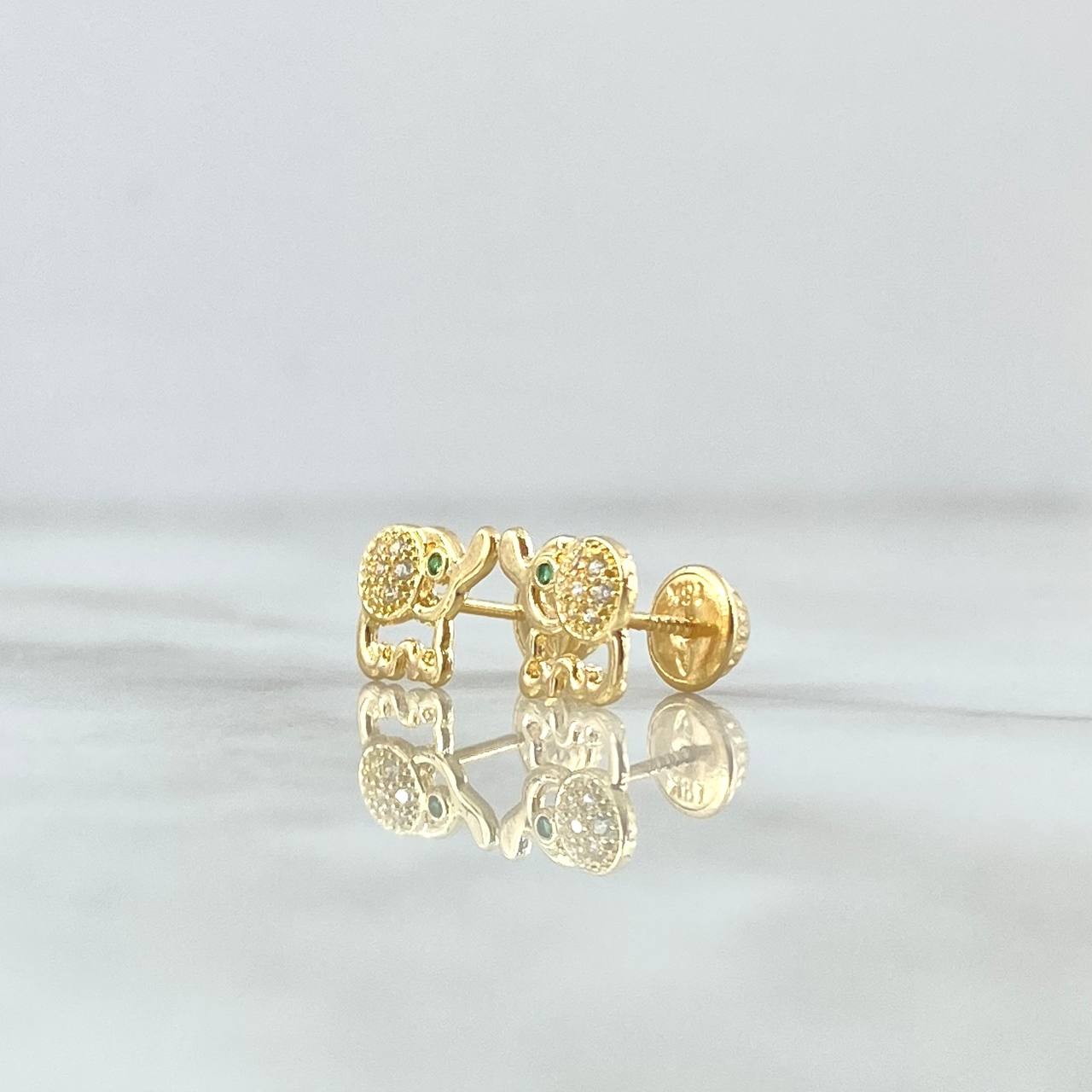 Stud Earrings Elephant 1.1gr / 7mm White Zircons - Green Eyes 18K Yellow Gold