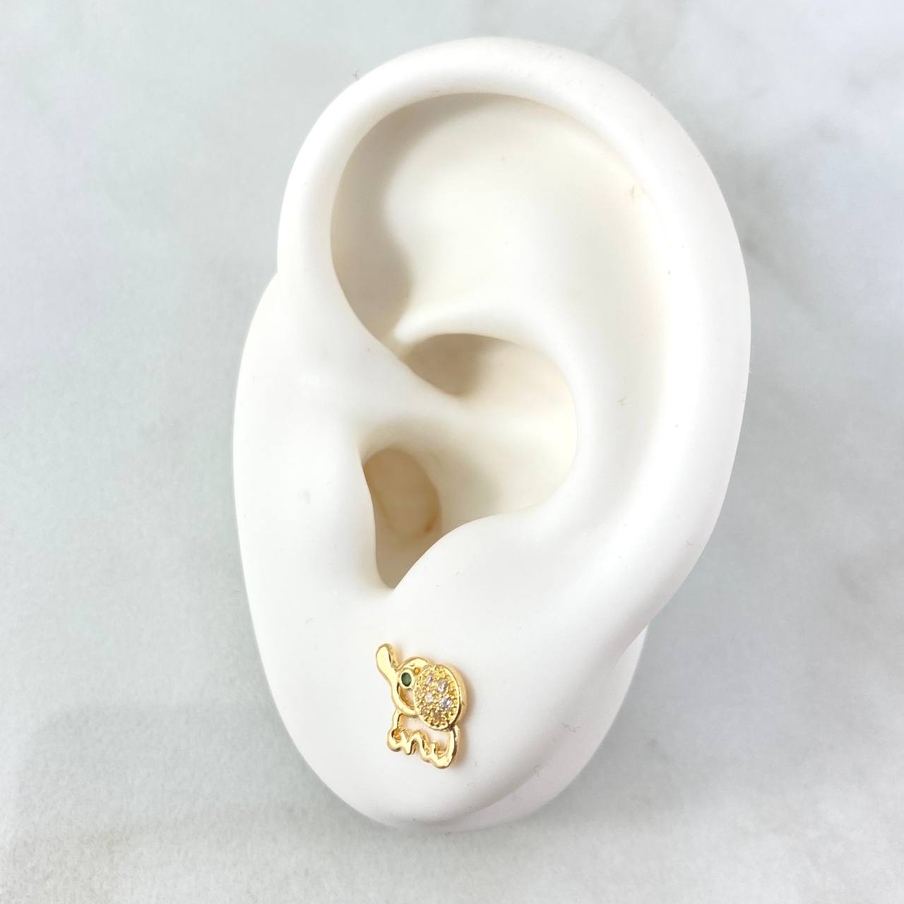 Stud Earrings Elephant 1.1gr / 7mm White Zircons - Green Eyes 18K Yellow Gold