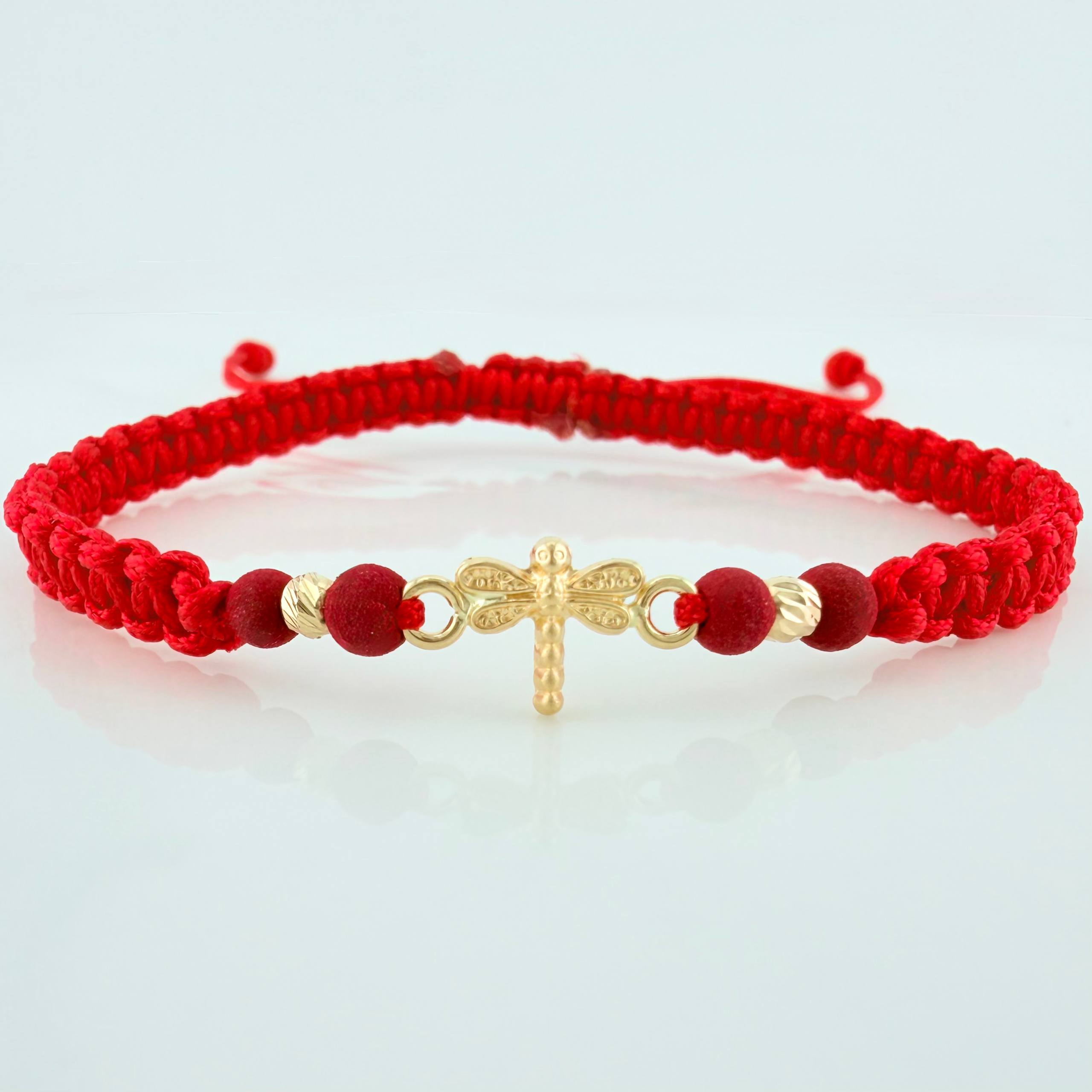 Pulsera Tejida Roja Libelula 3Mm 2 Und Oro Amarillo 18K