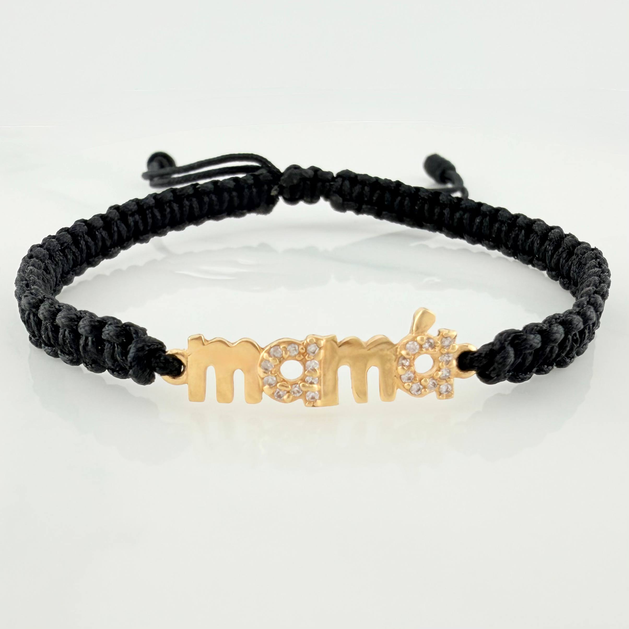 Pulsera Tejida Negra Mamá Oro Amarillo 18K