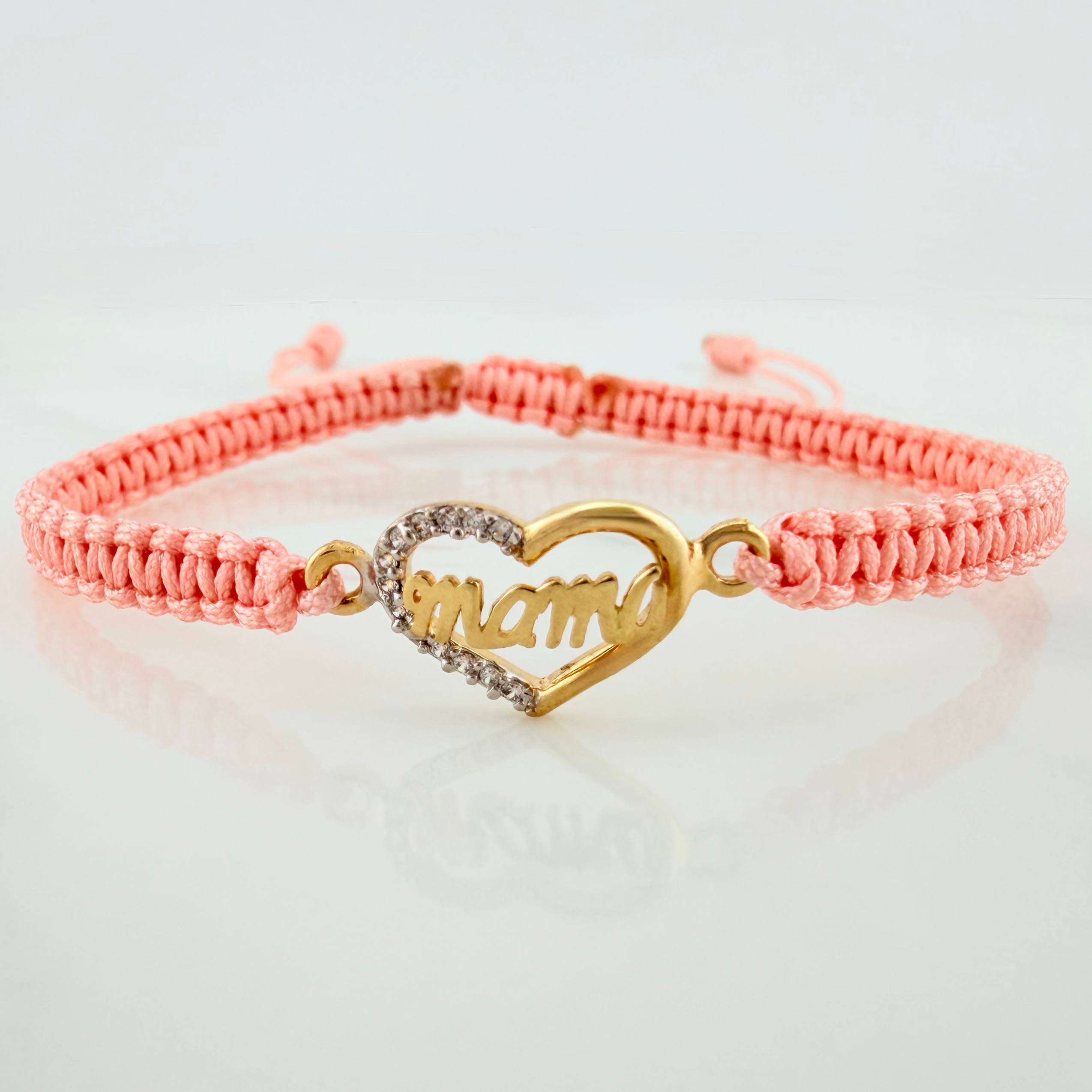 Pulsera Tejida Rosada Corazón Mamá Dos Oros Amarillo Blanco 18K
